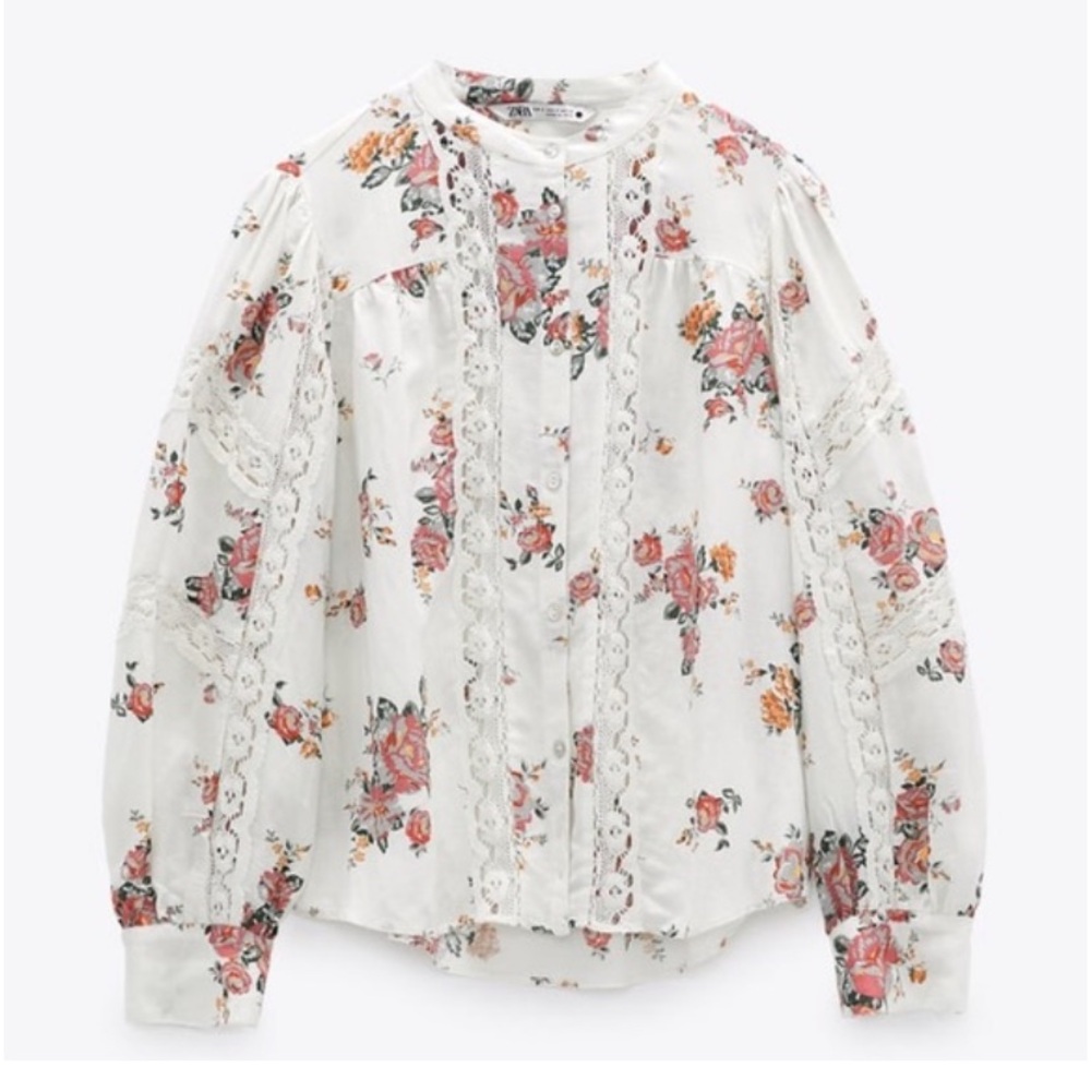 Zara cotton/ linen blend floral print lace detail  blouse M
